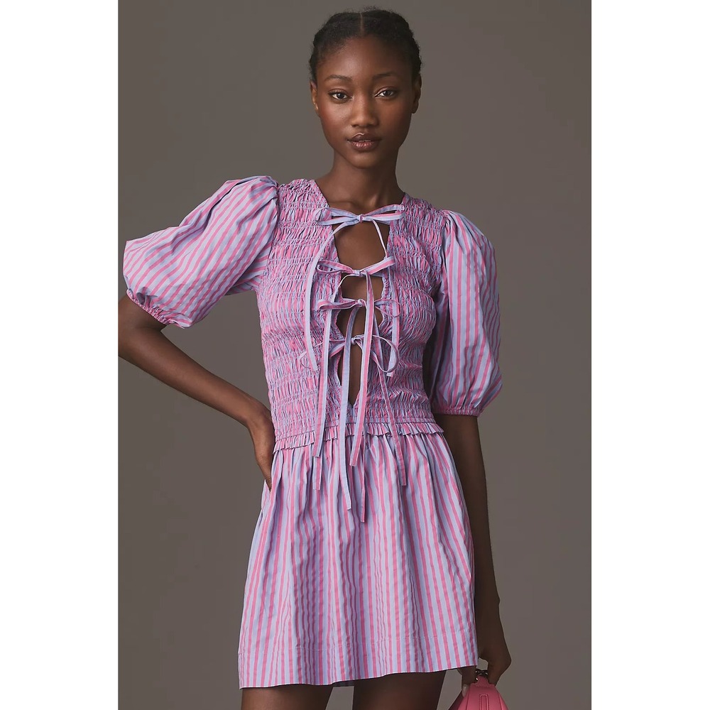 Damson Madder Pink Blue Striped Smocked Tie Front Mini Dress SS24-DM-0306 US 12